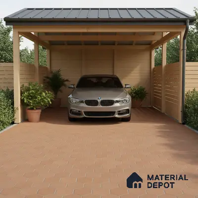 Modern parking with terracotta hexagonal floor tiles and natural wood cladding