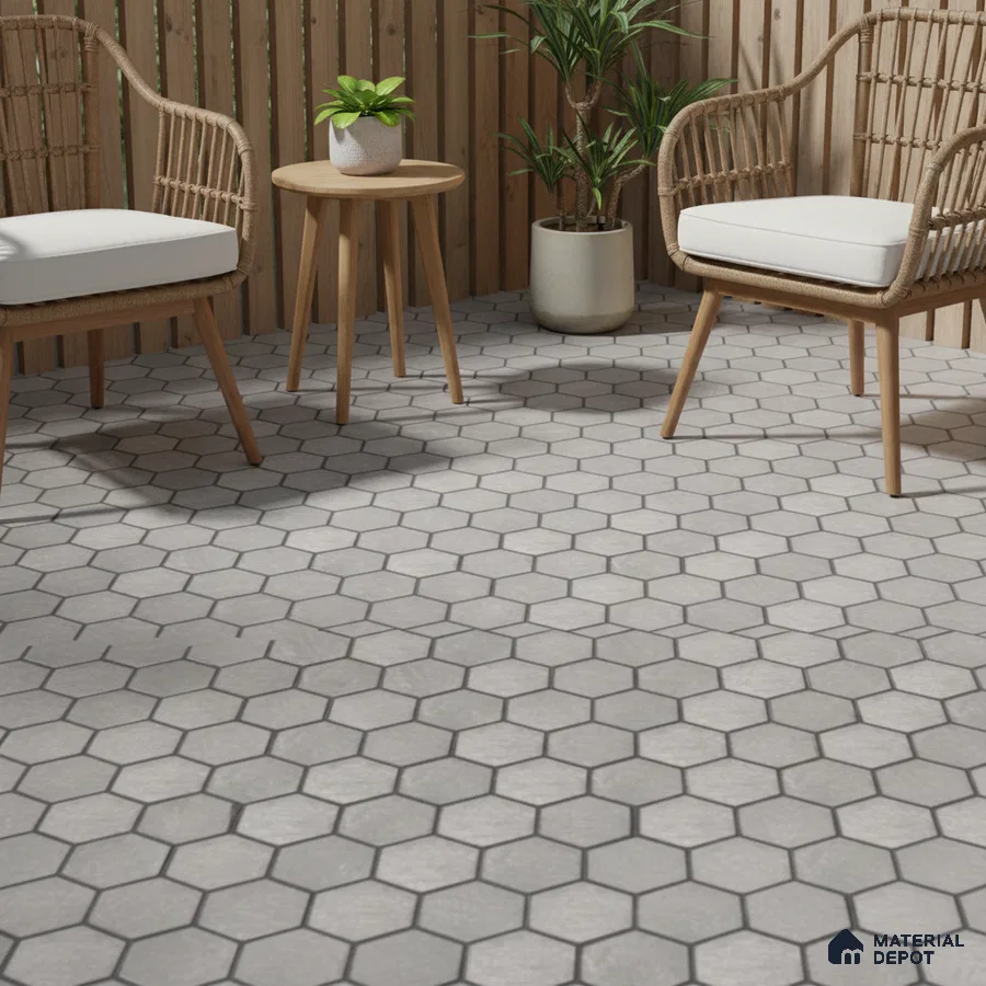 Scandinavian balcony with light grey hexagonal floor tiles and natural wood paneling