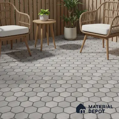 Scandinavian balcony with light grey hexagonal floor tiles and natural wood paneling