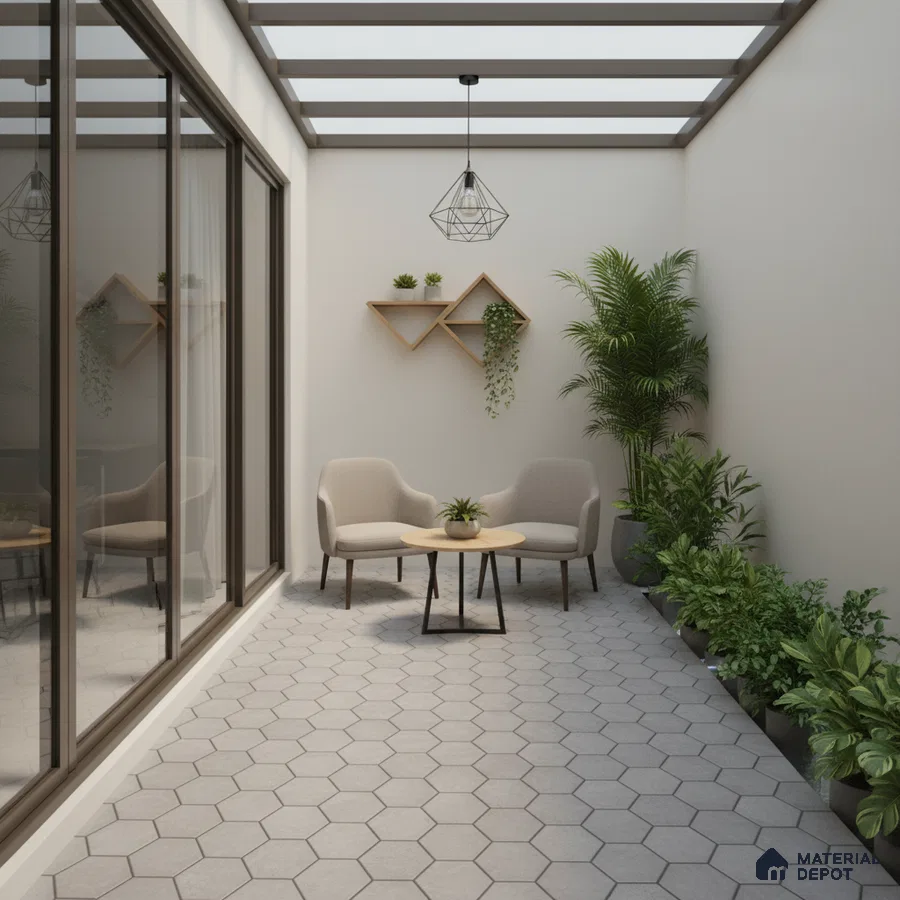 Modern balcony with grey hexagonal floor tiles and wooden accent shelves