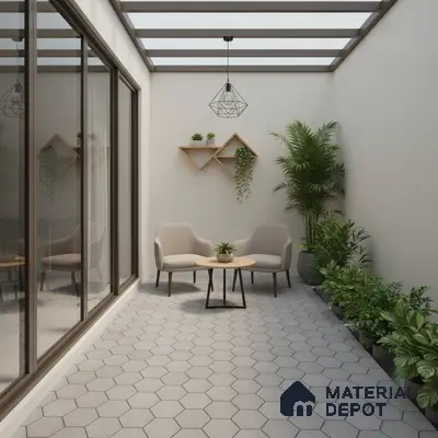 Modern balcony with grey hexagonal floor tiles and wooden accent shelves