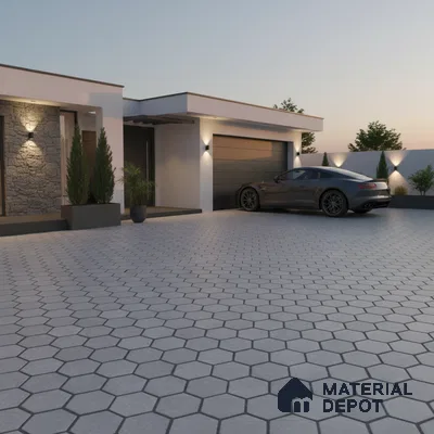Modern parking with grey hexagonal floor tiles and stone cladding accent wall