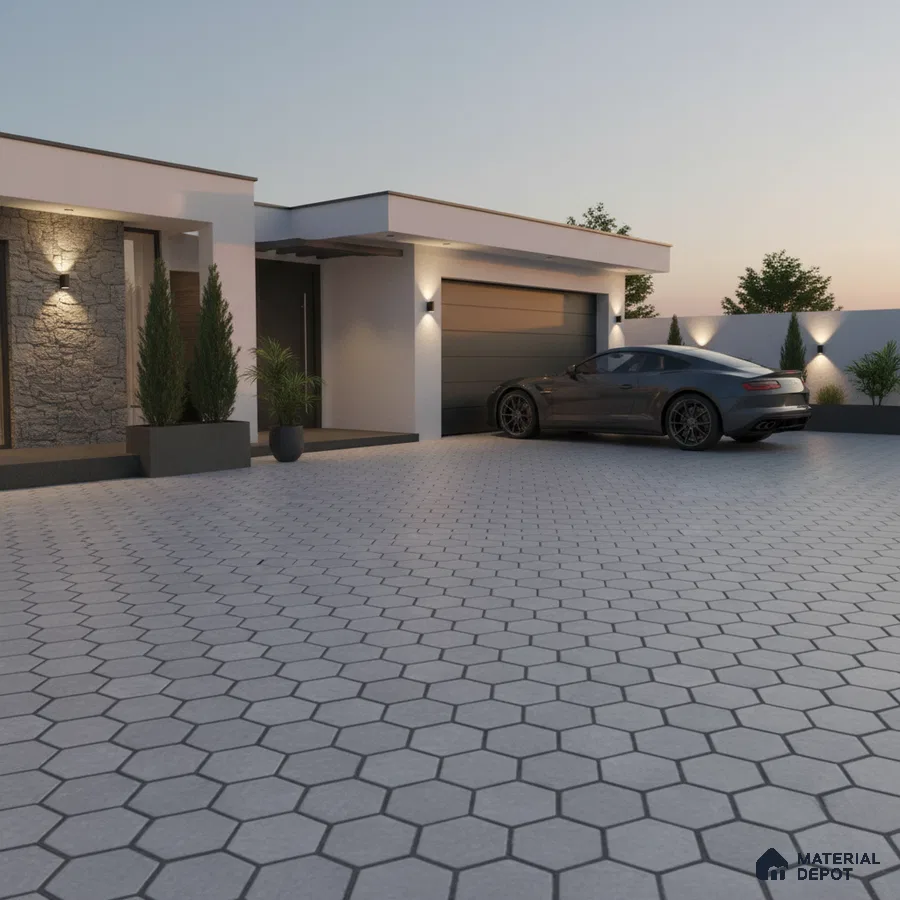Modern parking with grey hexagonal floor tiles and stone cladding accent wall