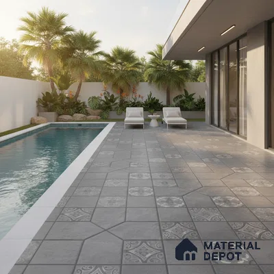 Modern outdoor poolside with grey patterned floor tiles and tropical landscaping