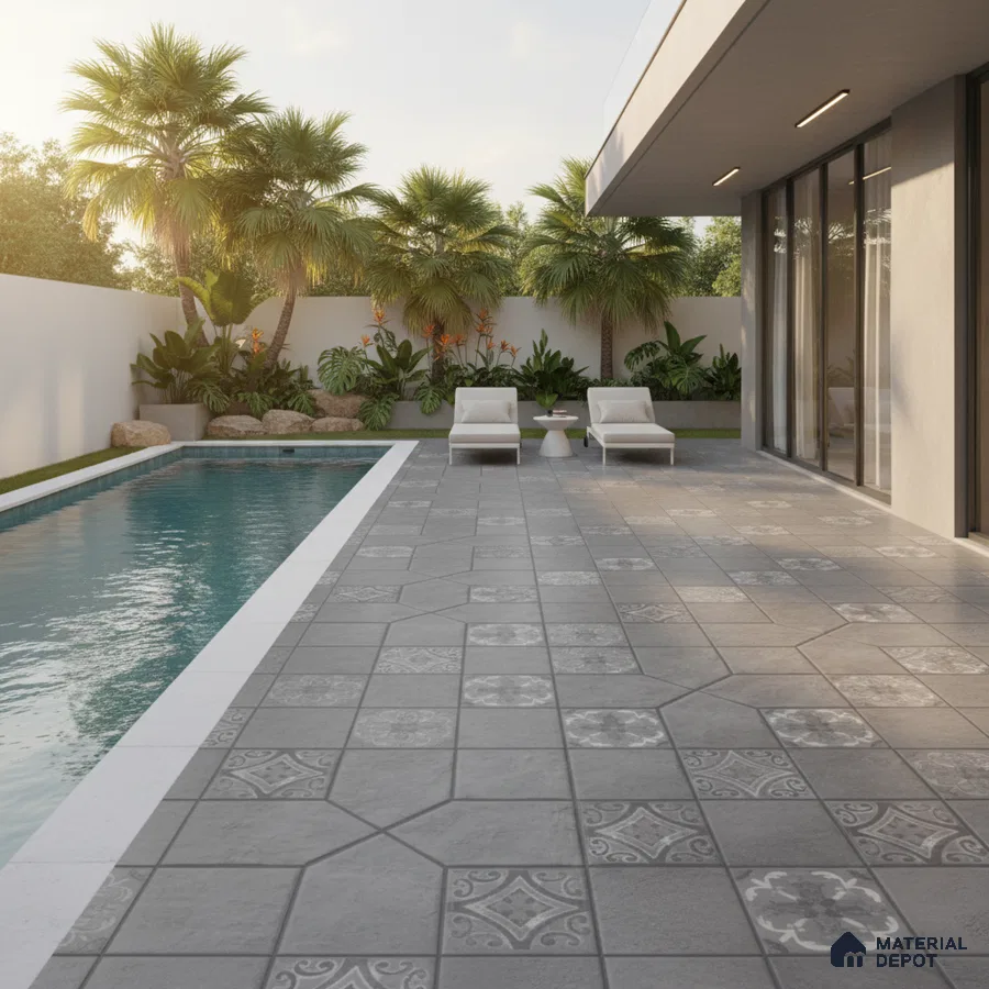 Modern outdoor poolside with grey patterned floor tiles and tropical landscaping