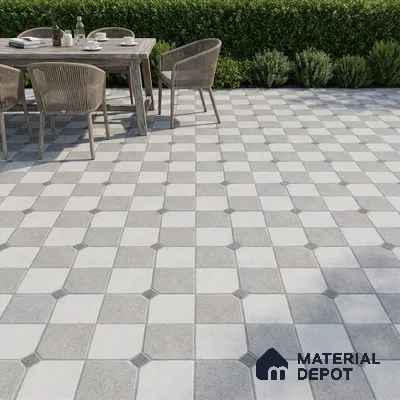 Modern outdoor patio with grey and white geometric floor tiles