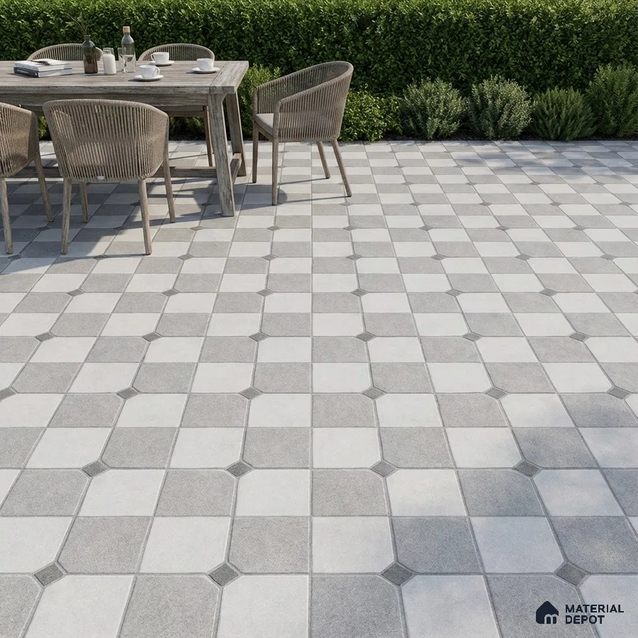 Modern outdoor patio with grey and white geometric floor tiles