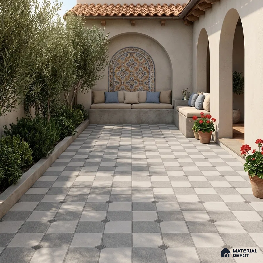Mediterranean outdoor patio with checkerboard floor tiles and mosaic accent wall