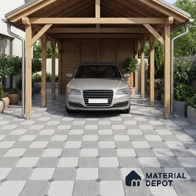 Modern parking with light grey geometric floor tiles and natural wood structure