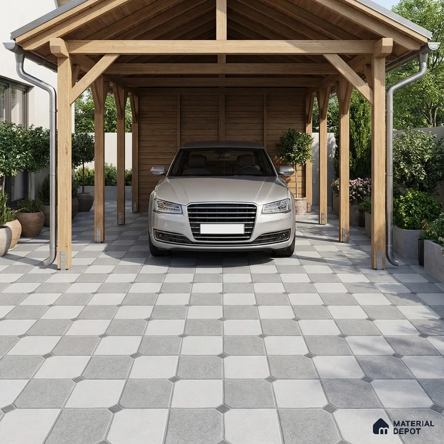 Modern parking with light grey geometric floor tiles and natural wood structure