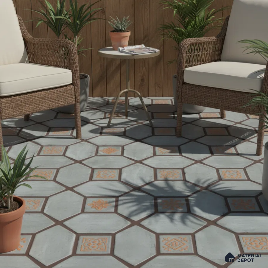Mediterranean outdoor seating with patterned octagonal floor tiles and wood cladding