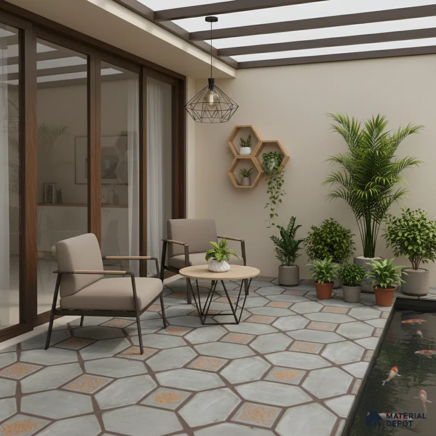 Modern outdoor balcony with hexagonal patterned floor tiles and wooden accents