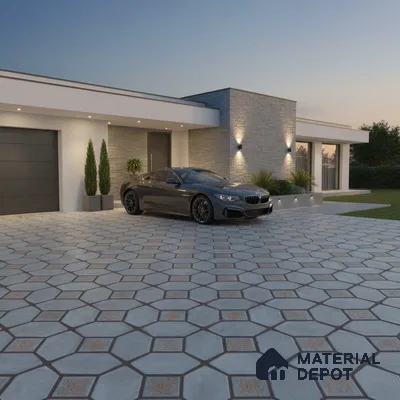 Modern parking with grey stone cladding and patterned octagonal floor tiles