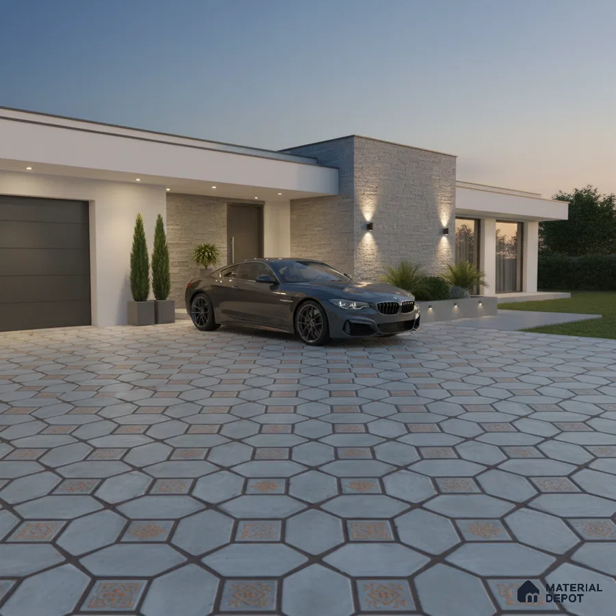 Modern parking with grey stone cladding and patterned octagonal floor tiles