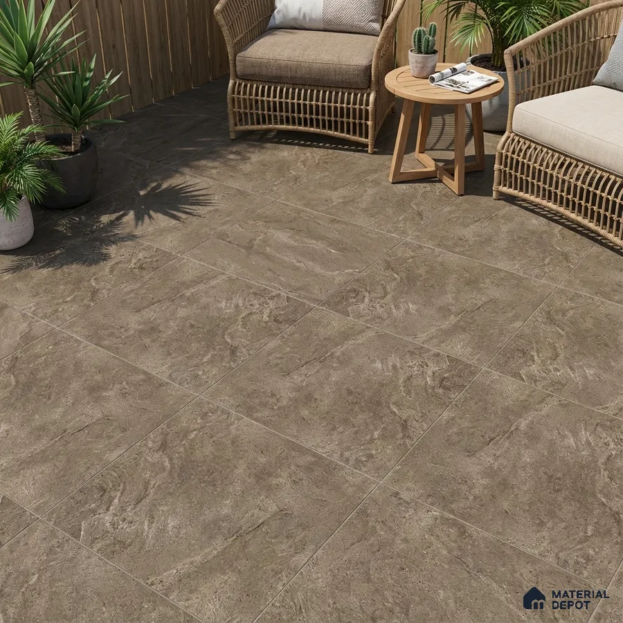 Modern outdoor space with taupe stone-look floor tiles and rattan furniture