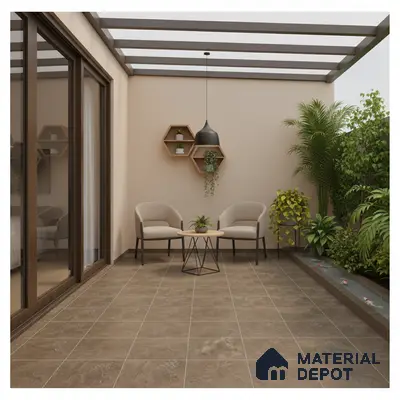 Modern outdoor balcony with brown stone floor tiles and wooden hexagonal wall shelves