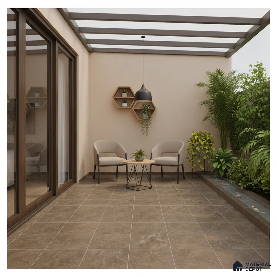 Modern outdoor balcony with brown stone floor tiles and wooden hexagonal wall shelves