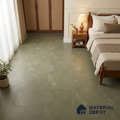 Traditional Bedroom with Olive Green Cement-Look Matte Floor Tile