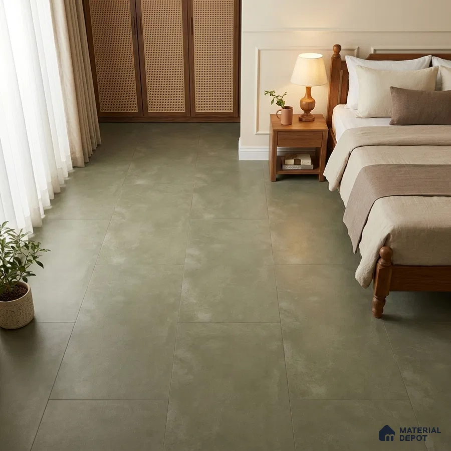 Traditional Bedroom with Olive Green Cement-Look Matte Floor Tile