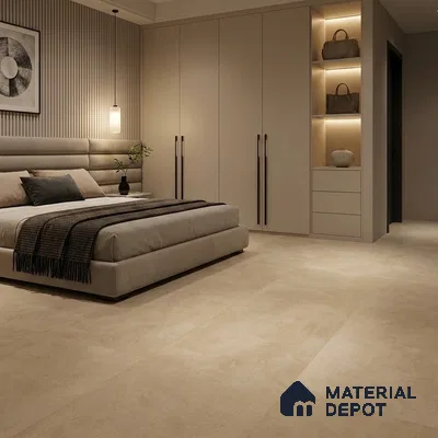 Modern Bedroom with Beige Cement-Look Matte Floor Tile