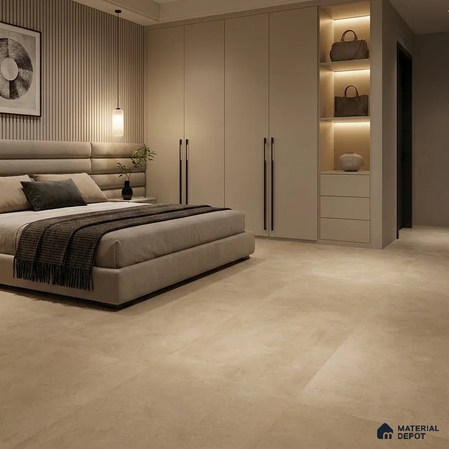 Modern Bedroom with Beige Cement-Look Matte Floor Tile