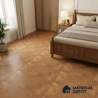 Traditional Bedroom with Tan Brown Cement-Look Rustic Floor Tile