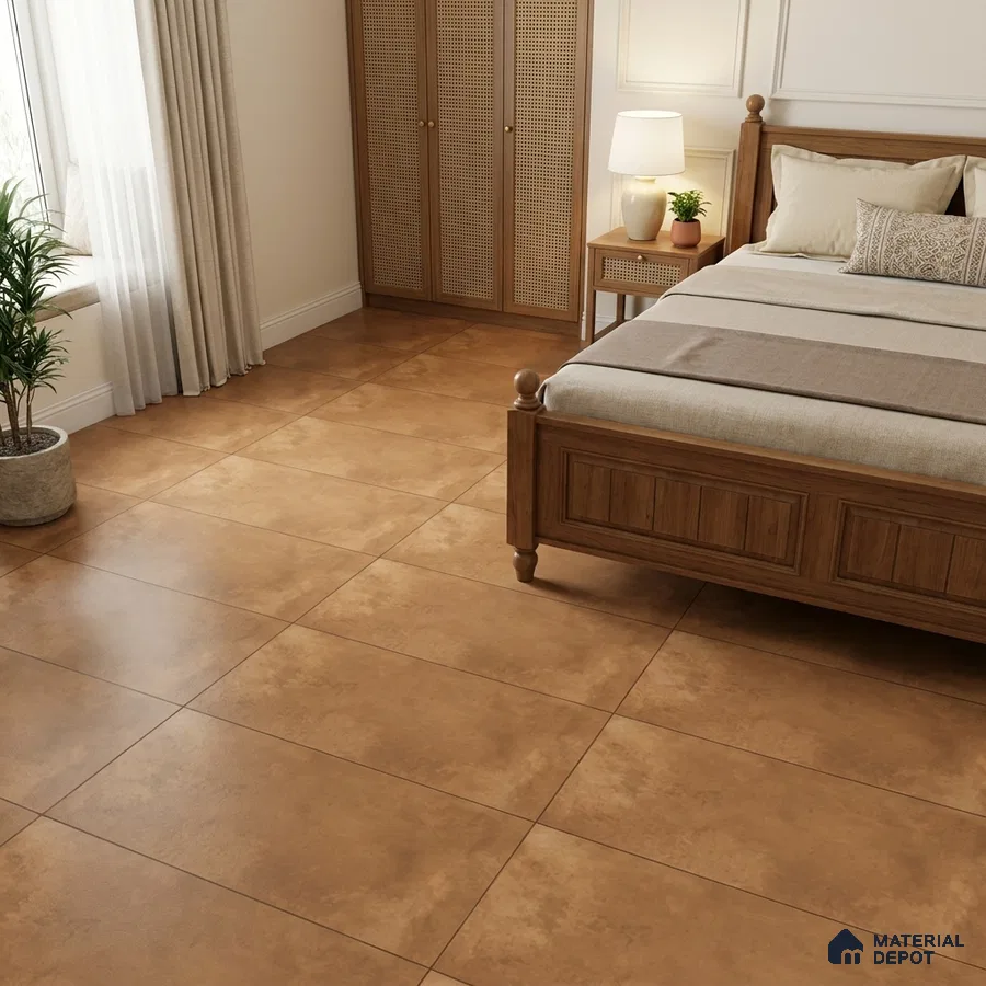 Traditional Bedroom with Tan Brown Cement-Look Rustic Floor Tile