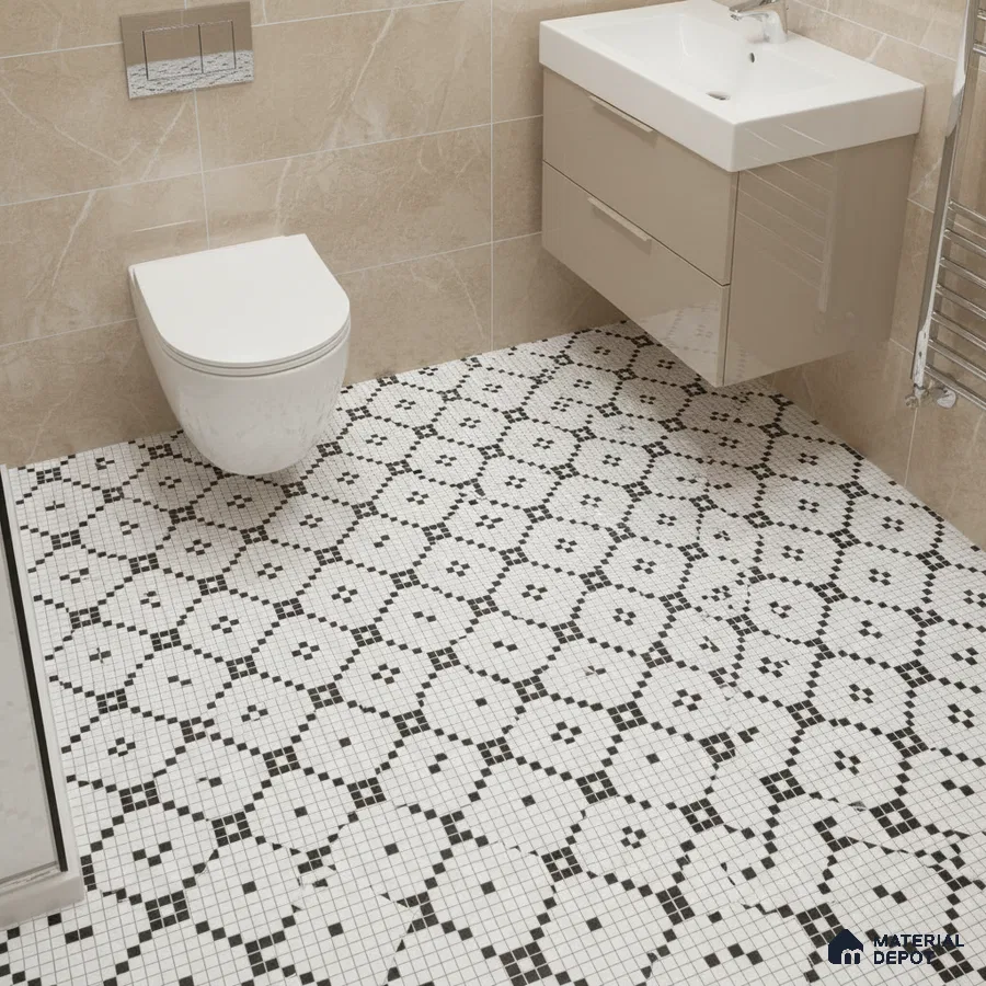 Modern bathroom with beige marble wall tiles and black-and-white geometric mosaic floor tiles
