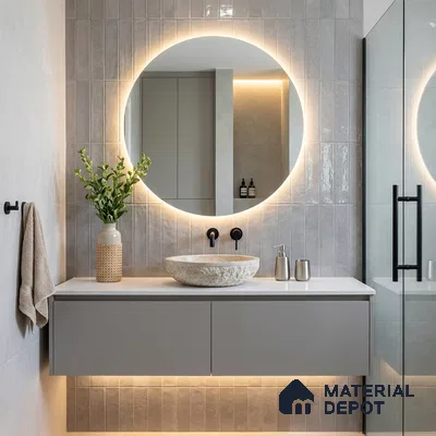 Modern Bathroom with Grey Glossy Stacked Vertical Tile and Floating Vanity