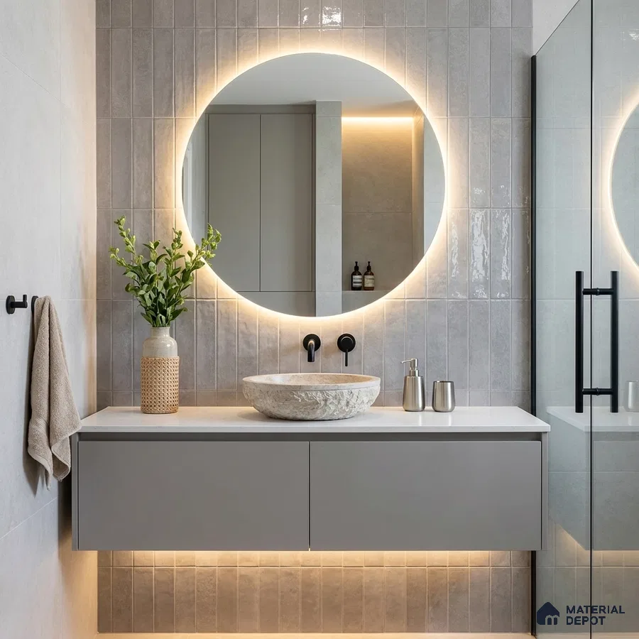 Modern Bathroom with Grey Glossy Stacked Vertical Tile and Floating Vanity