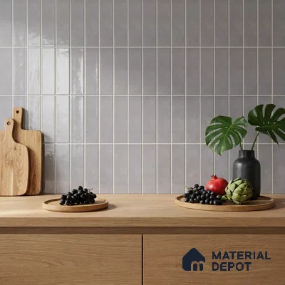 Modern Kitchen with Grey Glossy Stacked Vertical Backsplash Tile and Oak Cabinets