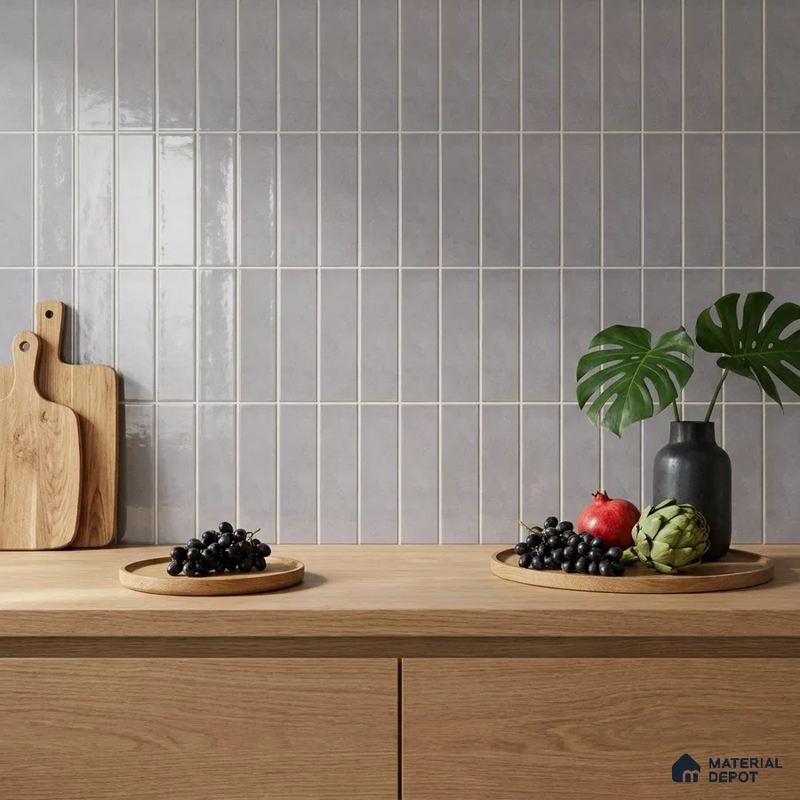 Modern Kitchen with Grey Glossy Stacked Vertical Backsplash Tile and Oak Cabinets