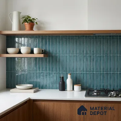 Mid-century Modern Kitchen with Teal Glossy Stacked Vertical Backsplash Tile and Walnut Cabinets