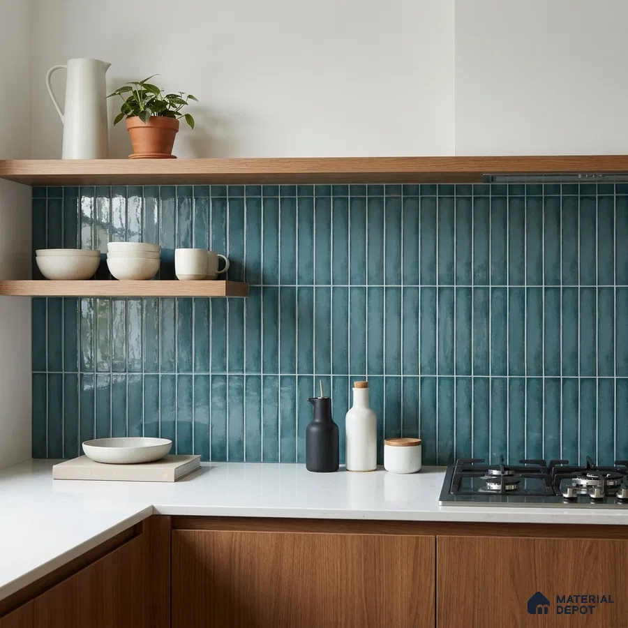 Mid-century Modern Kitchen with Teal Glossy Stacked Vertical Backsplash Tile and Walnut Cabinets