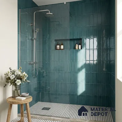 Modern Bathroom with Teal Glossy Stacked Vertical Shower Tile