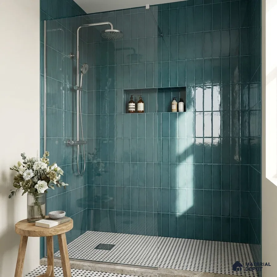 Modern Bathroom with Teal Glossy Stacked Vertical Shower Tile