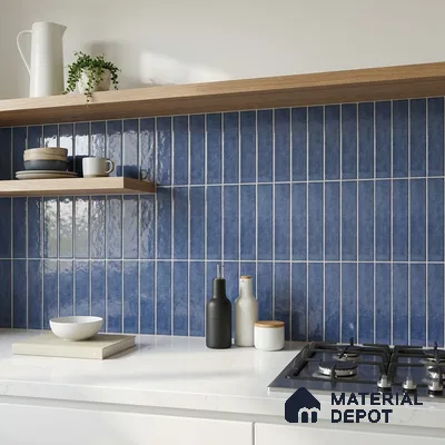 Mid-century Modern Kitchen with Cobalt Blue Glossy Stacked Vertical Backsplash Tile and Walnut Cabinets