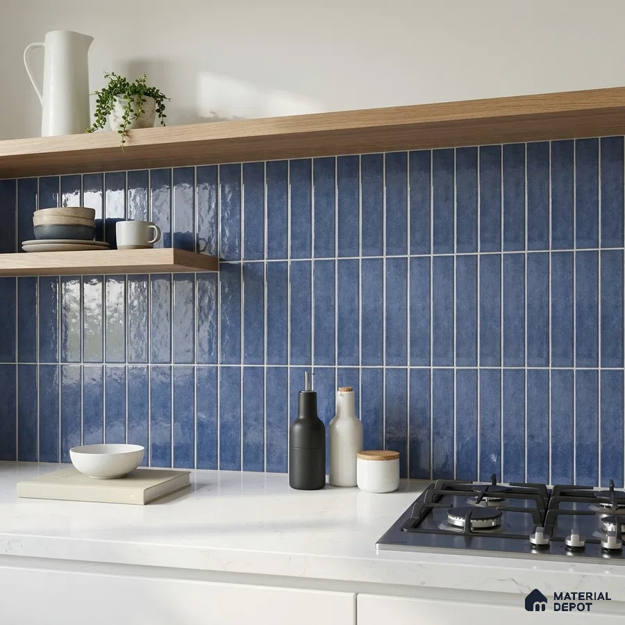 Mid-century Modern Kitchen with Cobalt Blue Glossy Stacked Vertical Backsplash Tile and Walnut Cabinets