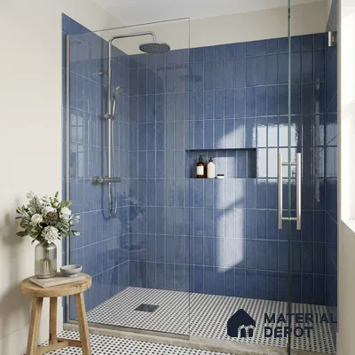 Modern Bathroom with Cobalt Blue Glossy Stacked Vertical Shower Tile