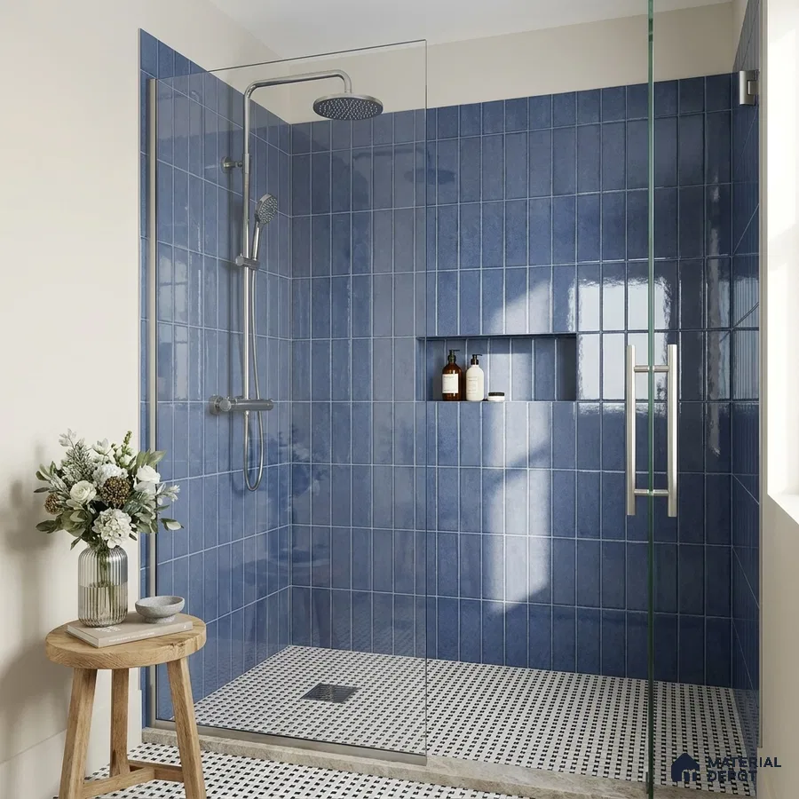 Modern Bathroom with Cobalt Blue Glossy Stacked Vertical Shower Tile