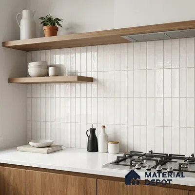 Scandinavian Kitchen with White Glossy Stacked Vertical Backsplash Tile and Oak Cabinets