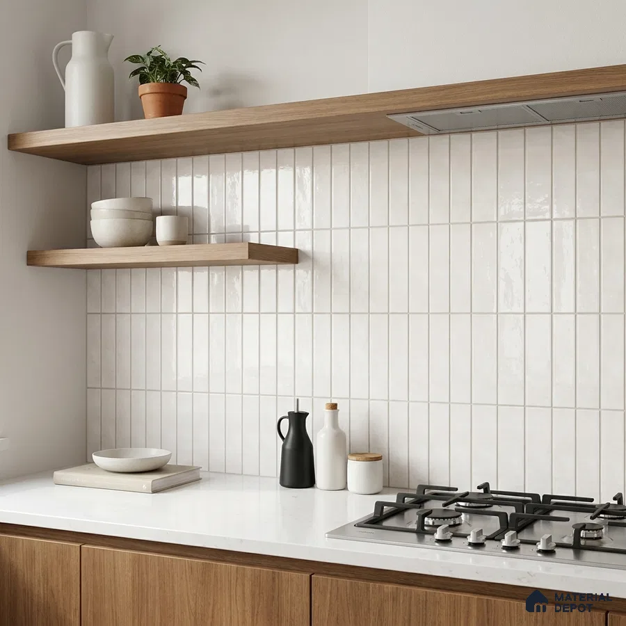 Scandinavian Kitchen with White Glossy Stacked Vertical Backsplash Tile and Oak Cabinets