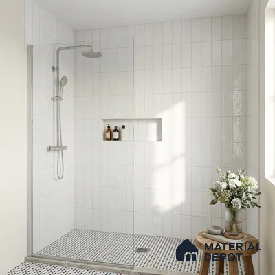 Scandinavian Bathroom with White Glossy Stacked Vertical Shower Tile