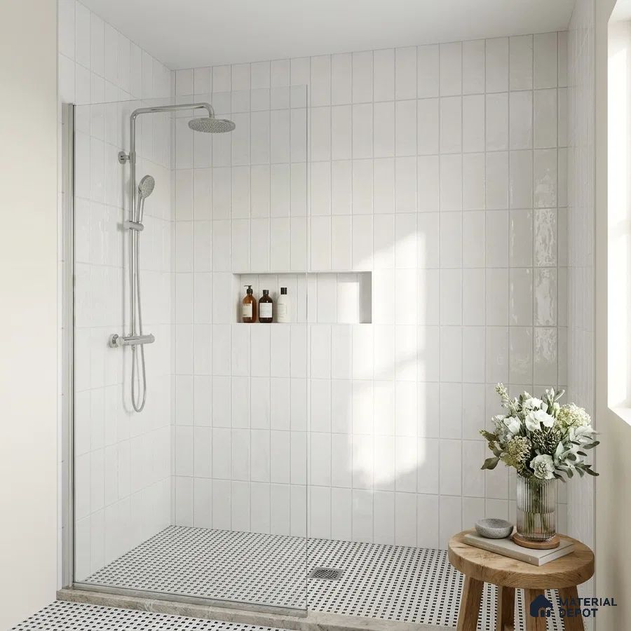 Scandinavian Bathroom with White Glossy Stacked Vertical Shower Tile