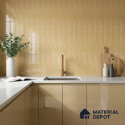 Modern Kitchen with Glossy Mustard Yellow Stacked Subway Tile and Beige Cabinets