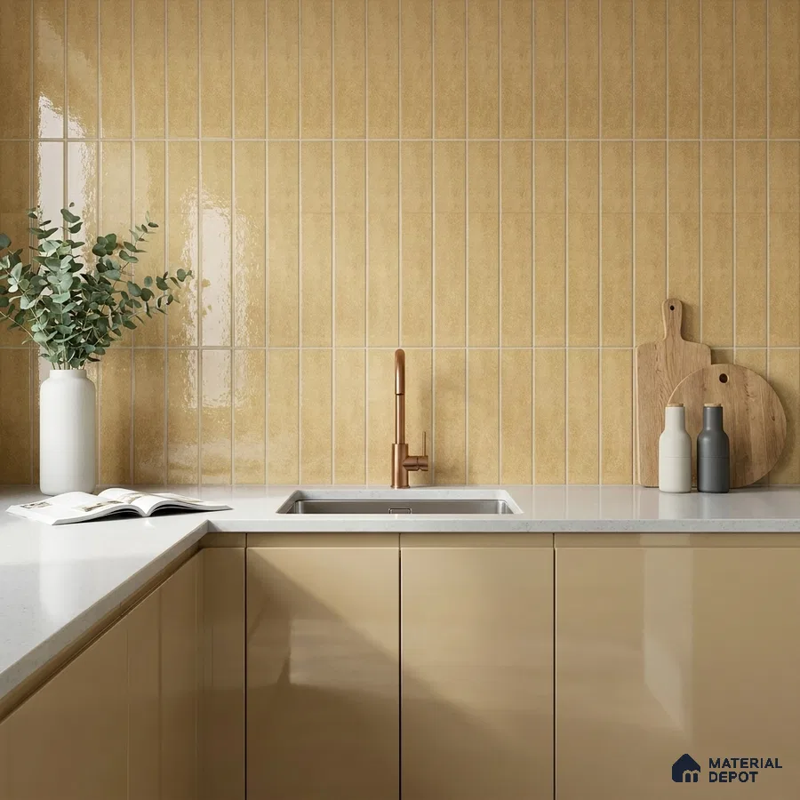 Modern Kitchen with Glossy Mustard Yellow Stacked Subway Tile and Beige Cabinets