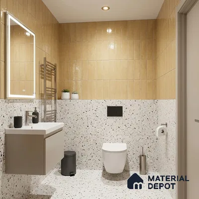 Modern Bathroom with Glossy Mustard Yellow Subway Tile and White Terrazzo