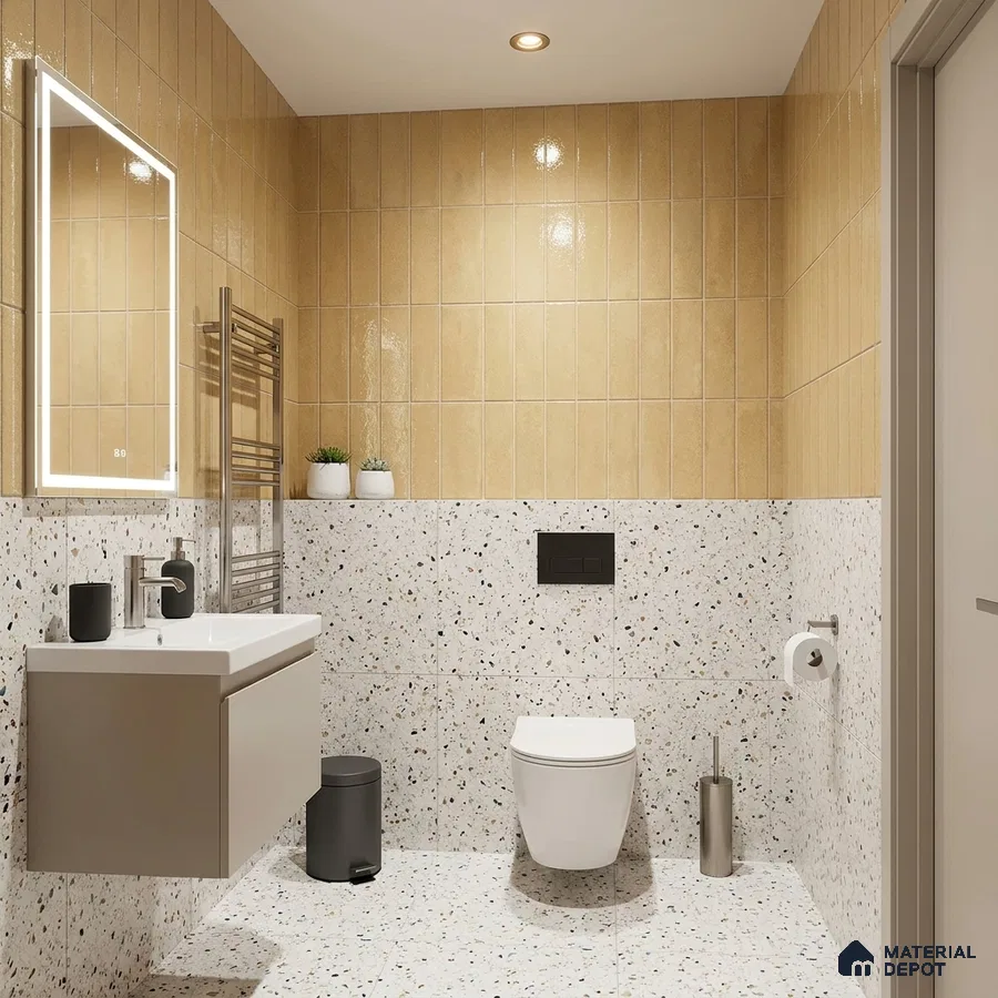 Modern Bathroom with Glossy Mustard Yellow Subway Tile and White Terrazzo