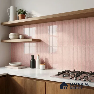 Scandinavian Kitchen with Glossy Blush Pink Stacked Subway Tile and Oak Cabinets