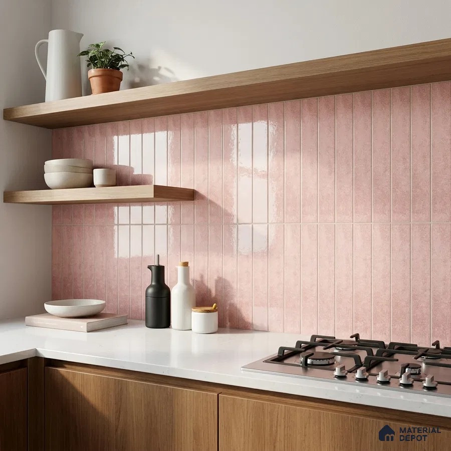 Scandinavian Kitchen with Glossy Blush Pink Stacked Subway Tile and Oak Cabinets